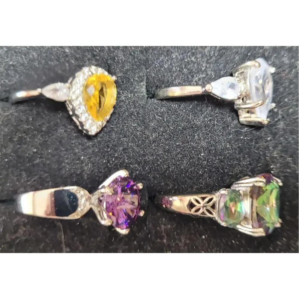 Womens Ring Lot Size 7.5 7.25 Statement Cocktail Crystal Purple Yellow Green
